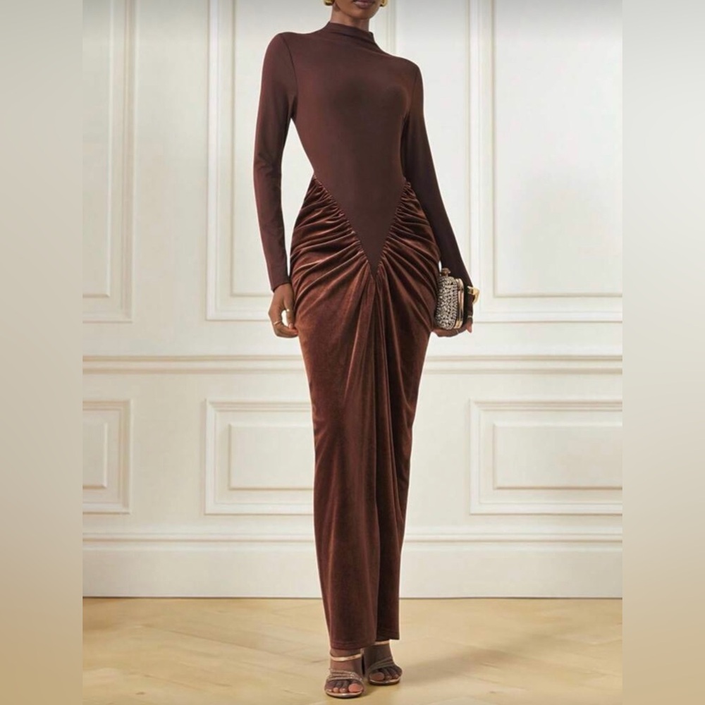 Brown Long Sleeve Ruched Velvet Maxi Dress Elegant Evening Gown Bodycon Chic - Picture 8 of 12